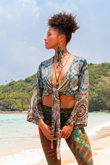 Blue Grey and Maroon Boho Mandala Bell Sleeve Tie Blouse